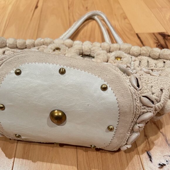 FIGUE Tuktuk Cotton Canvas Tote Bag Bohemian Style Cowrie Shells Pom Pom Purse - Picture 8 of 8